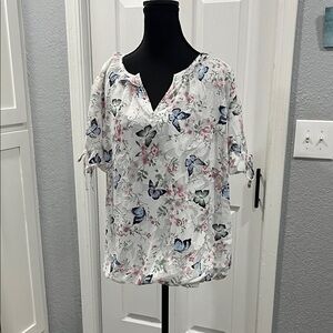 Elegant Floral Women's Blouse - White with Blue and Pink Accents